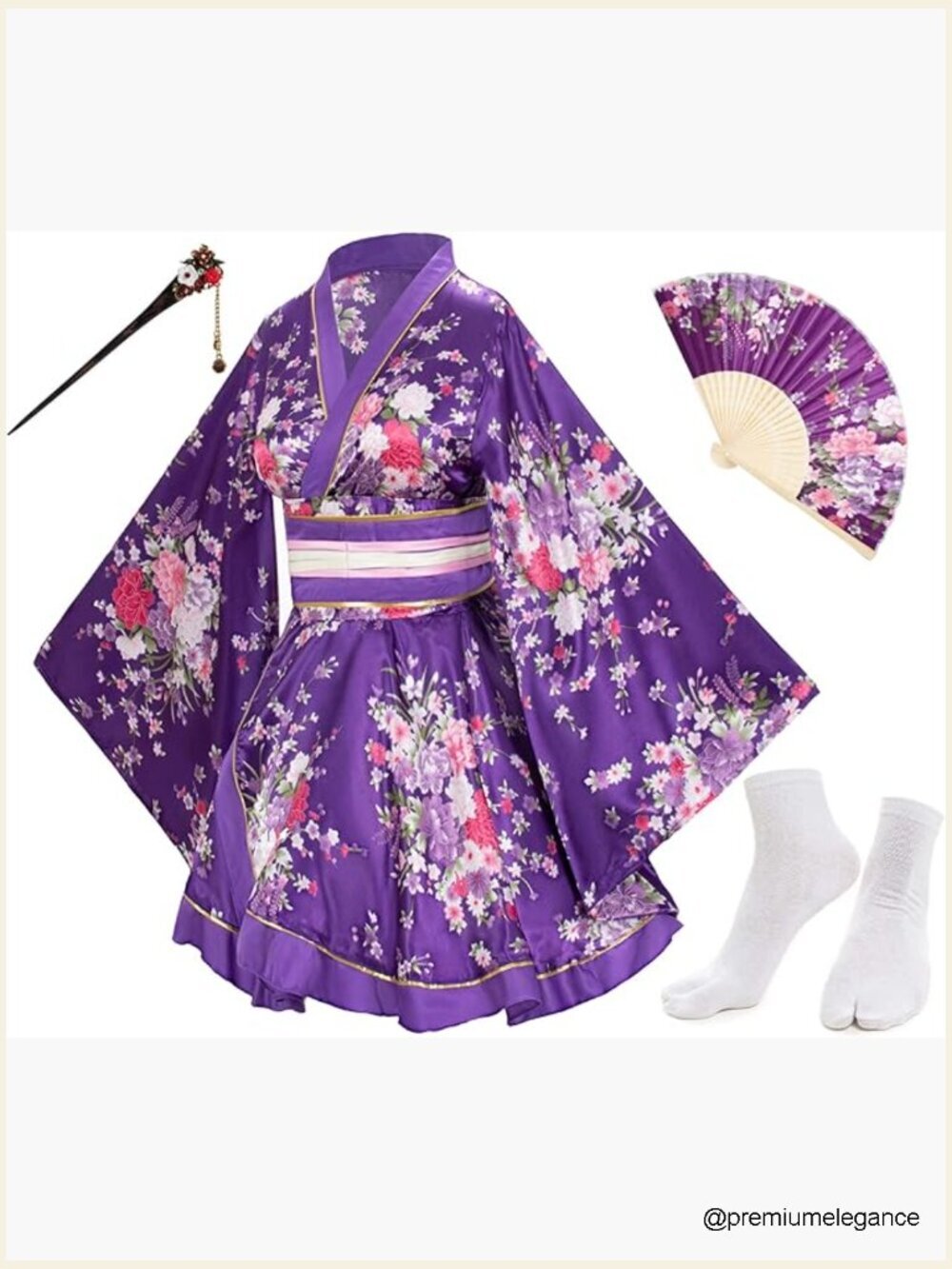 Japanese Anime Yukata Kimono Robe Set with Obi Fan Hairstick Socks